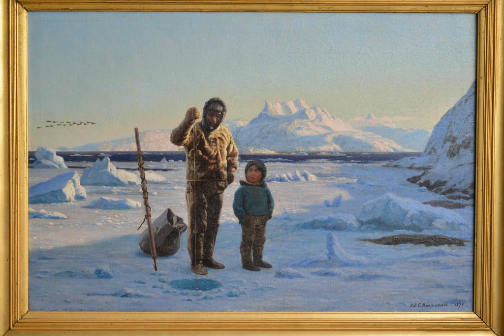 Jens Erik Carl Rasmussen, l'apprentissage de la pêche, peinture du Groenland, eskimos, Greenland paintings, Inuit culture, danish painter, arctic paintings, arctic culture, eskimaux, icebergs, pack-ice, banquise