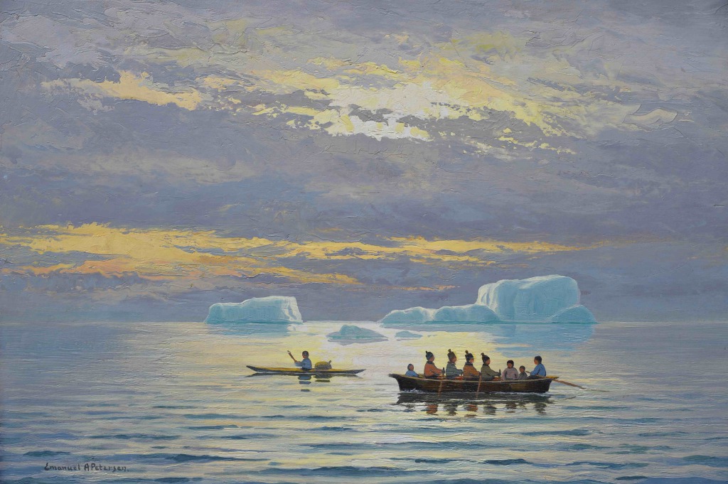 Emmanuel A. Petersen, greenland paintings, peintre danois, peinture du groenland, danish painters, arctic paintings, eskimo fishing, pêche inuit