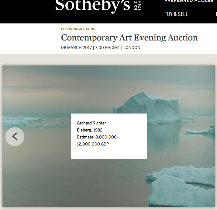 Sotheby's, 2017 auction, Gerhard Richter, Eisberg, 1982. From Contemporary Art Evening Auction, arctic05, iceberg, vente publique, peinture chez Sotheby's London, prix d'une peinture, peintre allemand