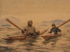 Bruun-rasmussen.dk, Danish painter, I.E.C. Rasmussen, Arctic05, Greenland, father and son, inuit, kayak, eskimo, iceberg, peinture du groenland, 19 century