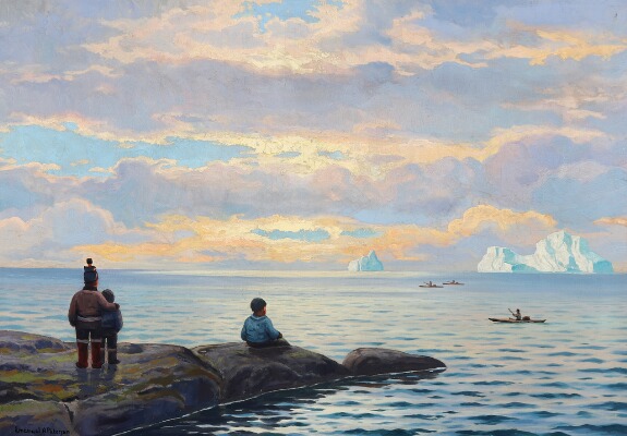 Emanuel Petersen, auction, Danish painter, Greenland, sunset at Disko Bay, Arctic05, oil on canvas, solnedgang diskobugten, iceberg, eskimo, inuit, bruun rasmussen