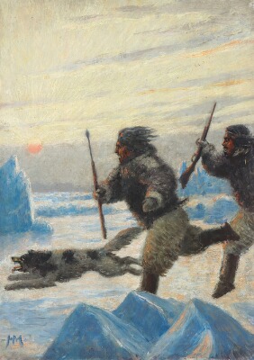 Peinture du Greonland, Harald Moltke, Landscape from Greenland with sealers and sledge dog, bruun rasmussen, arctic05, peintre, Artiste, vente publique, eskimaux, chiens de traineaux, pêcheurs de phoques