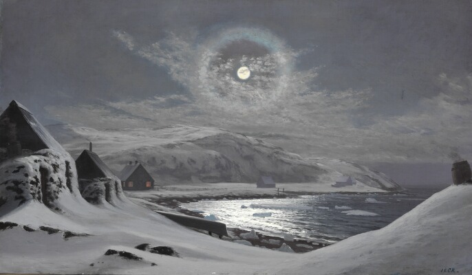 I. E. C. Rasmussen- Full moon over a Greenlandic settlement. Signed I. E. C. R. Oil on canvas. Arctic05, paintings auction, bruun rasmussen, peinture