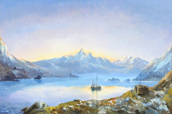 arctic painting ,Evelyn Bøje Thorbjørn- Sunset scene from Greenland with people waiting for a ship to arrive