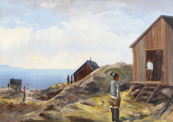 inuit village, painting at auction, Evelyn Bøje Thorbjørn- Inuits on the coast on a summer day, Greenland, bruun rasmussen, peinture polaire