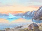 painting of greenland, sunrise, inuit, Evelyn Bøje Thorbjørn- An inuit watching the sunrise over a Greenlandic fiord, arctic05, bruun rasmussen auction