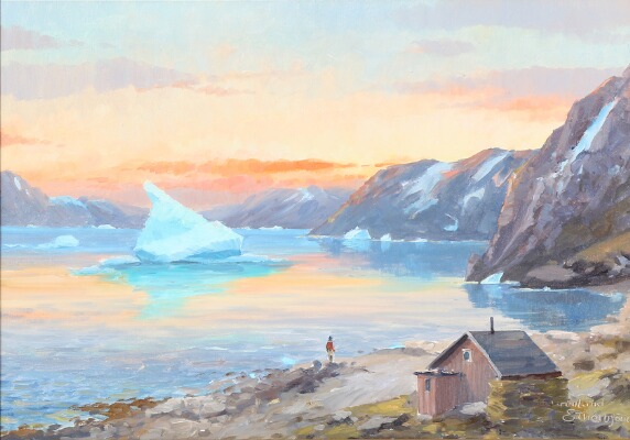 painting of greenland, sunrise, inuit, Evelyn Bøje Thorbjørn- An inuit watching the sunrise over a Greenlandic fiord, arctic05, bruun rasmussen auction